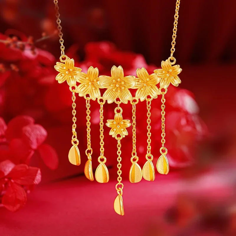 9999 Real Gold 24K New Chinese Premium Flower Wedding Cherry Blossom Set Chain Bridal Wedding Flower Necklace Set Chain