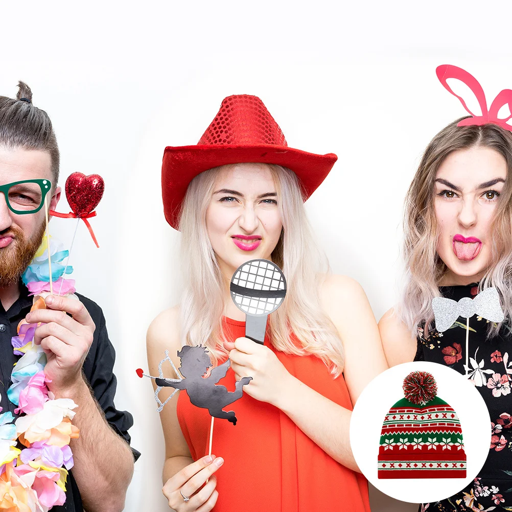 

1Pcs Acrylic Fibers Santa Cap Knitted Hat Adult Large Warm Thickened Christmas Xmas Hat Big Knitted Ball Design