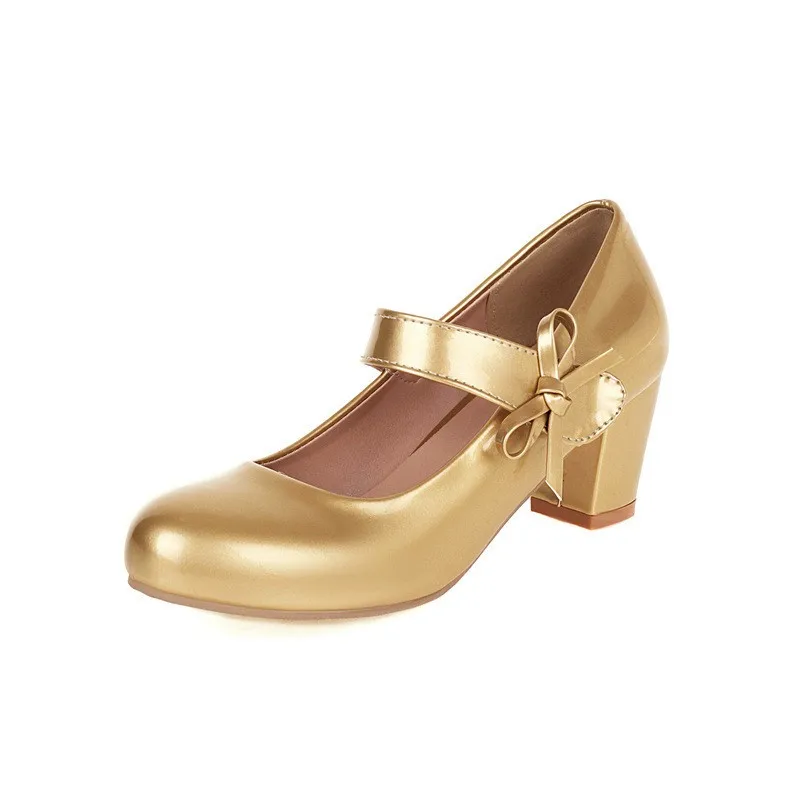 

Women 6cm High Heel Block Heel Gold Shoes Women Round Toe Bow Mary Jane Pumps