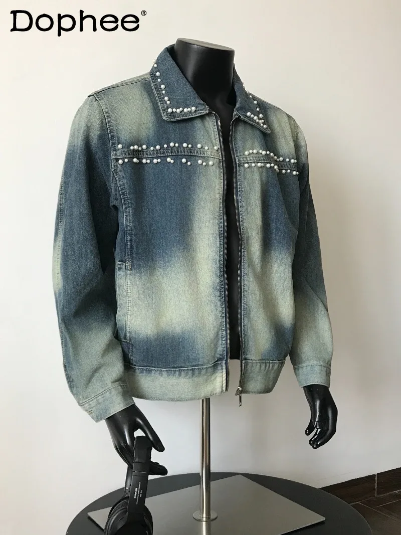 

Autumn American Street Style Pearl Denim Jacket Fashion Trend Casual Youth Popular High-end Short Jacket for Men
