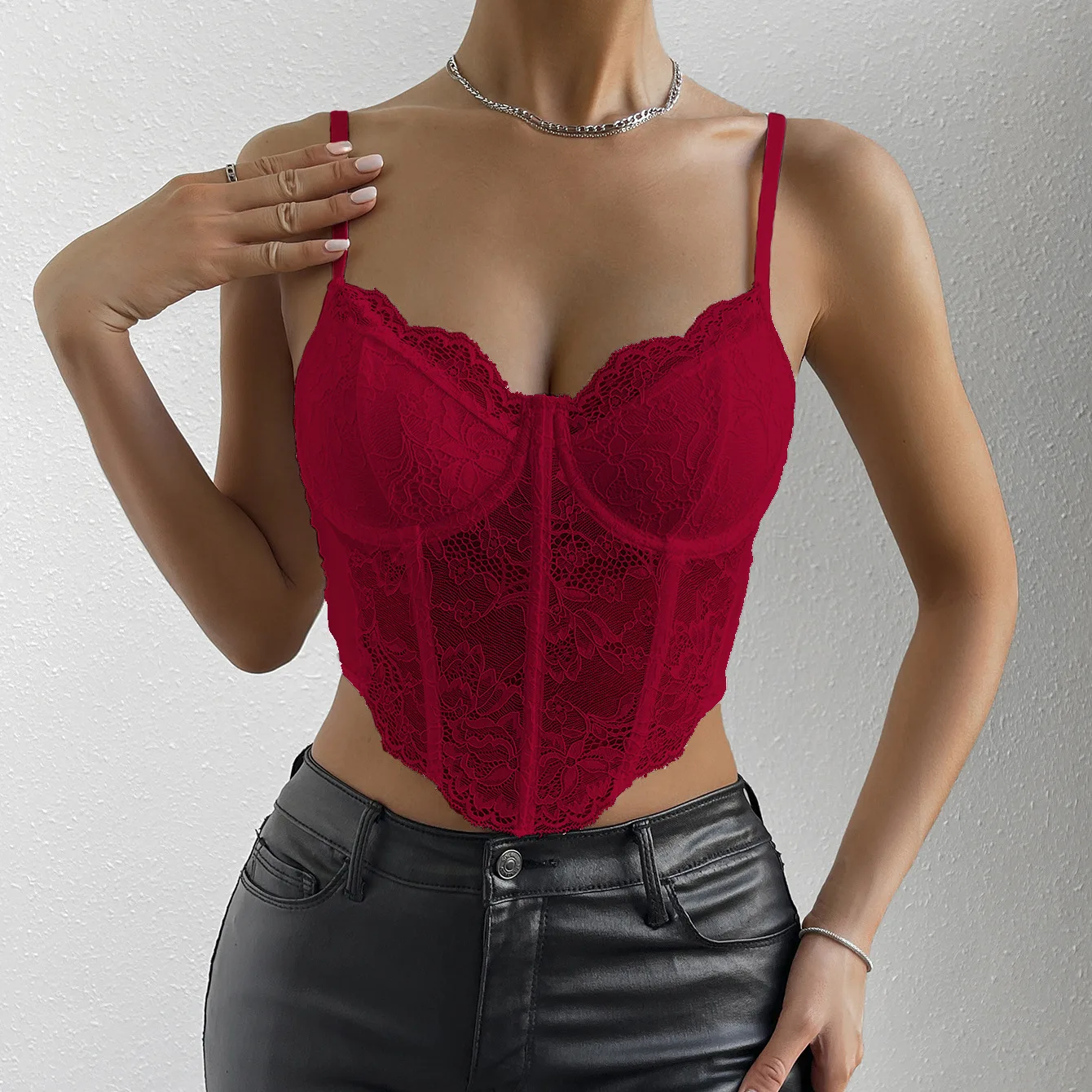 

Women's EU/US Trade Sexy Lace Crop Top - Steel Ring, Rhombus Pattern, Fish Bone, Sheer Exposed Navel, Spice Girl Style