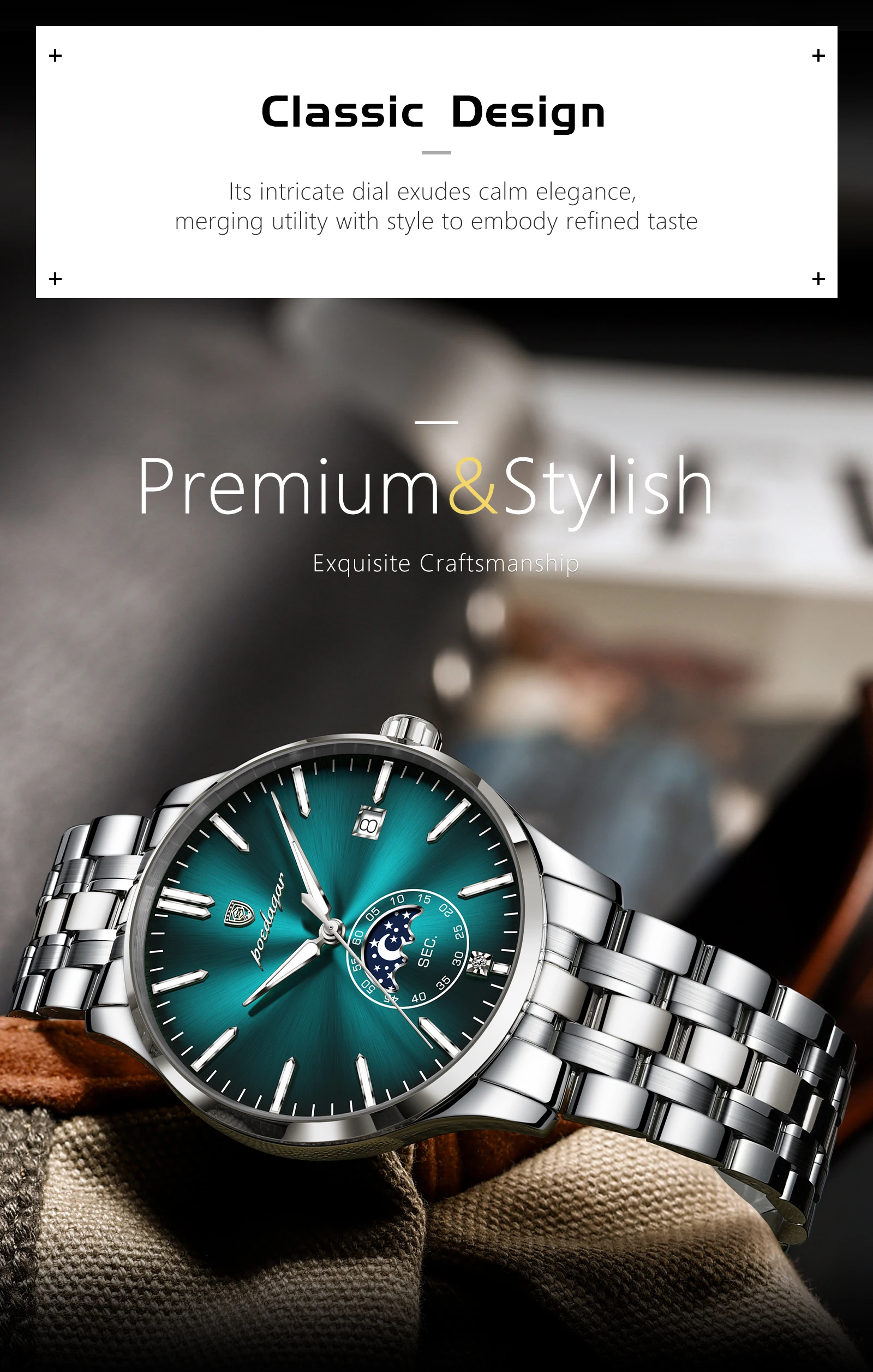 POEDAGAR Top-Luxus-Herrenuhr, Casual Edelstahl Quarz Herren-Armbanduhr, Wasserdicht, Leuchtend, mit Datum, Modische Herrenuhren Reloj – Detail 6