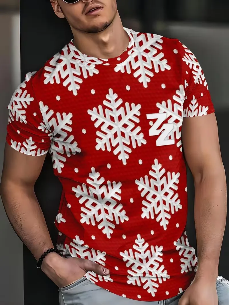 New men's short sleeved round neck pullover, 3D fashionable printed New Year cartoon Christmas elements, versatile party top