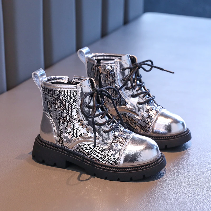 

New Fashion Girls Bling Ankle Boots Kid's Sequined Bright Patent Leather Short Boot Autumn Children Lace-up Platform Shoes