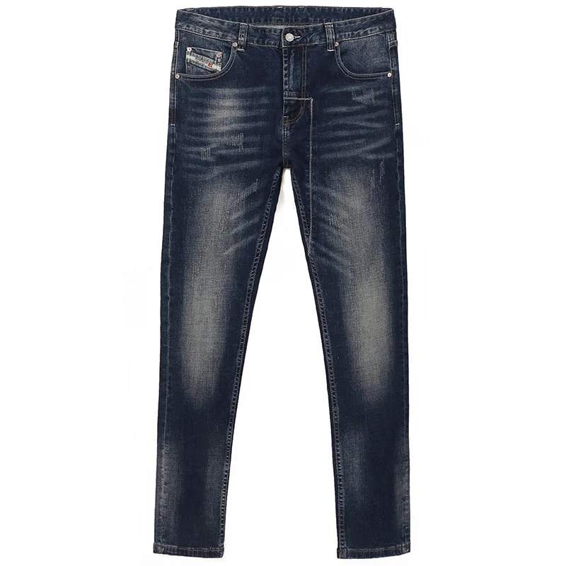 2024 Spring Dark Blue Washed Wear-White Vintage Distressed Stretch Slim-Fitting Small Straight Jeans Men's Korean Style Trendy