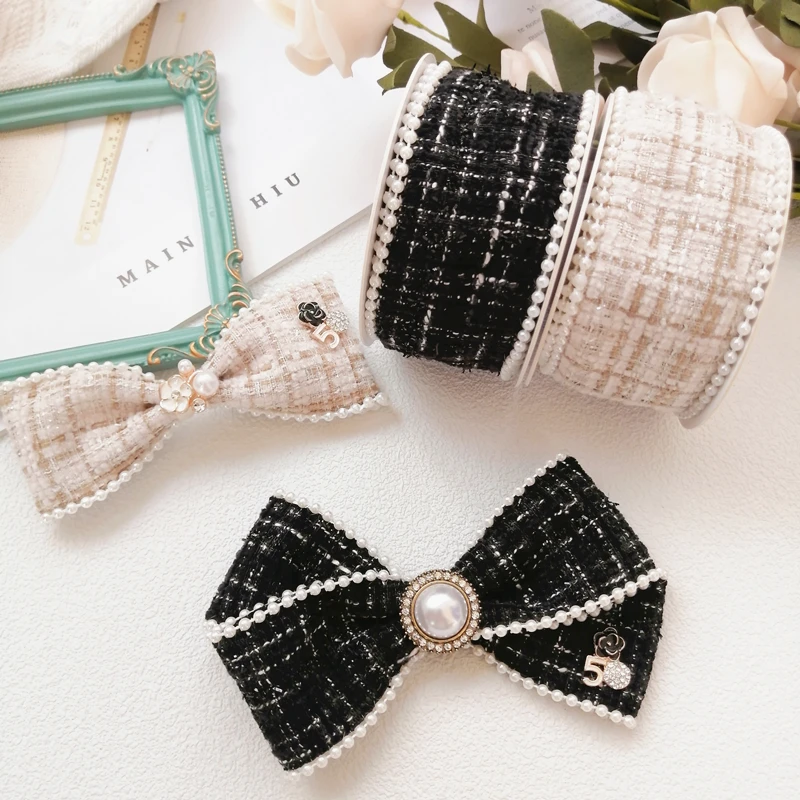 

40mm Pearl Beads Checked Ribbon Embroidery Tweed Material Tape Handmade Bow Hair Accessories Clips Corsage Collar Sewing