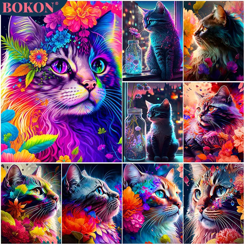 

Animal 5D Diamond Painting Colorful Fantasy Cat Flower Full Diamond Mosaic Diamond Embroidery Kit DIY Rhinestone Home Decoration