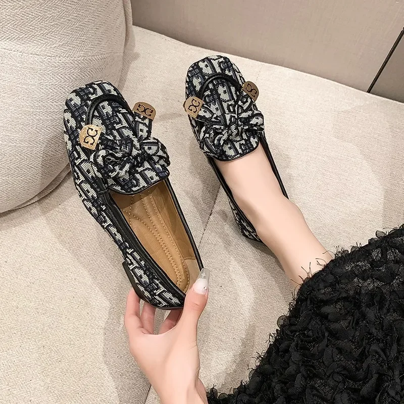 Women Bow Brand Loafers Print Random Square Heels Shoes 2024 Autumn New Fashion Ladies Casual Shoes Luxury Pumps Zapatos Mujer