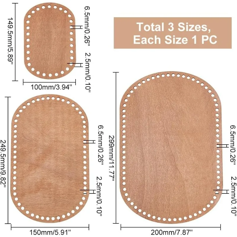 日曜大工のバスケット用の楕円形の木製バスケットベース、コーヒーの空白のかぎ針編みのバッグ、下部のかぎ針編み、底部のアクセサリー、3サイズ