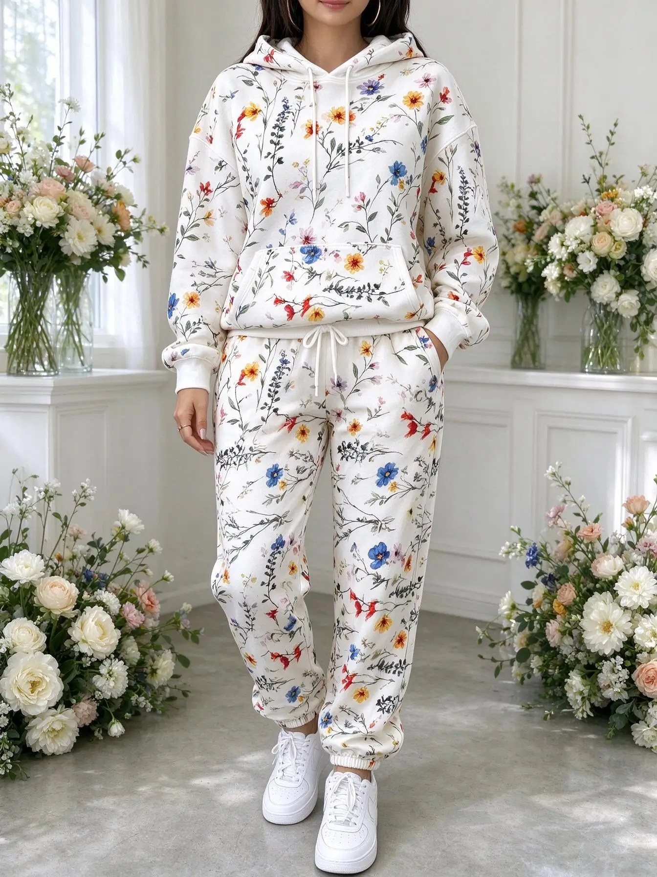Women Wildflower Floral Hooded Tracksuit, Printed Hoodie & Cuffed Jogger Pants 2 Piece Outfit