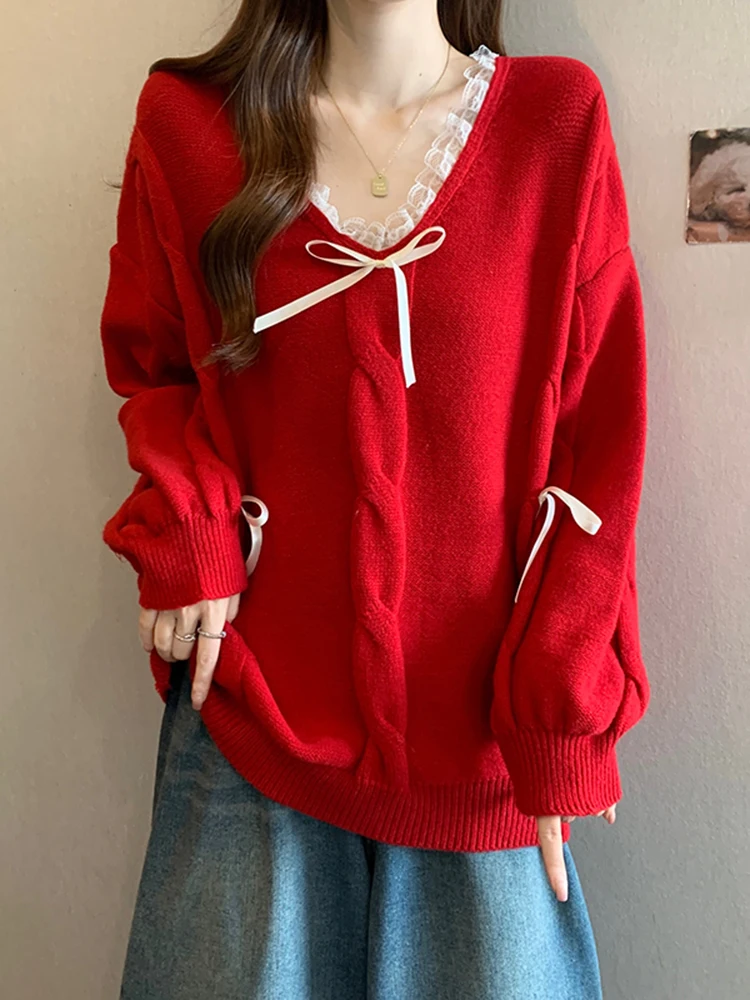 

Women's Long Sve Lace Knitted Sweater Slimming Base Layer Top Knot V-ne Regular Sve Winter Faion 2026