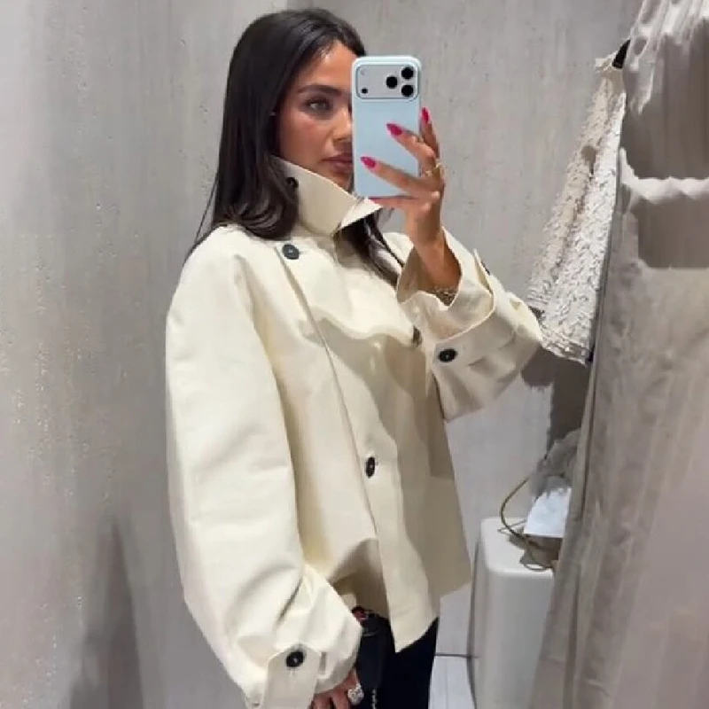 Autumn Trend Stand Collar Short Coat Fashion Beige Loose Oversized Double Breasted Jacket Lady Casual Office Daily Streetwear