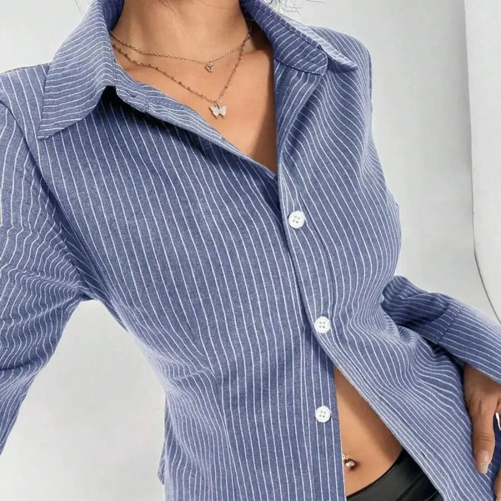 Klassische gestreifte langärmelige Bluse, Patchwork-Hemd mit Knopfleiste für Damen, dünner Umlegekragen, Retro-Chic-Oberteil – Detail 9
