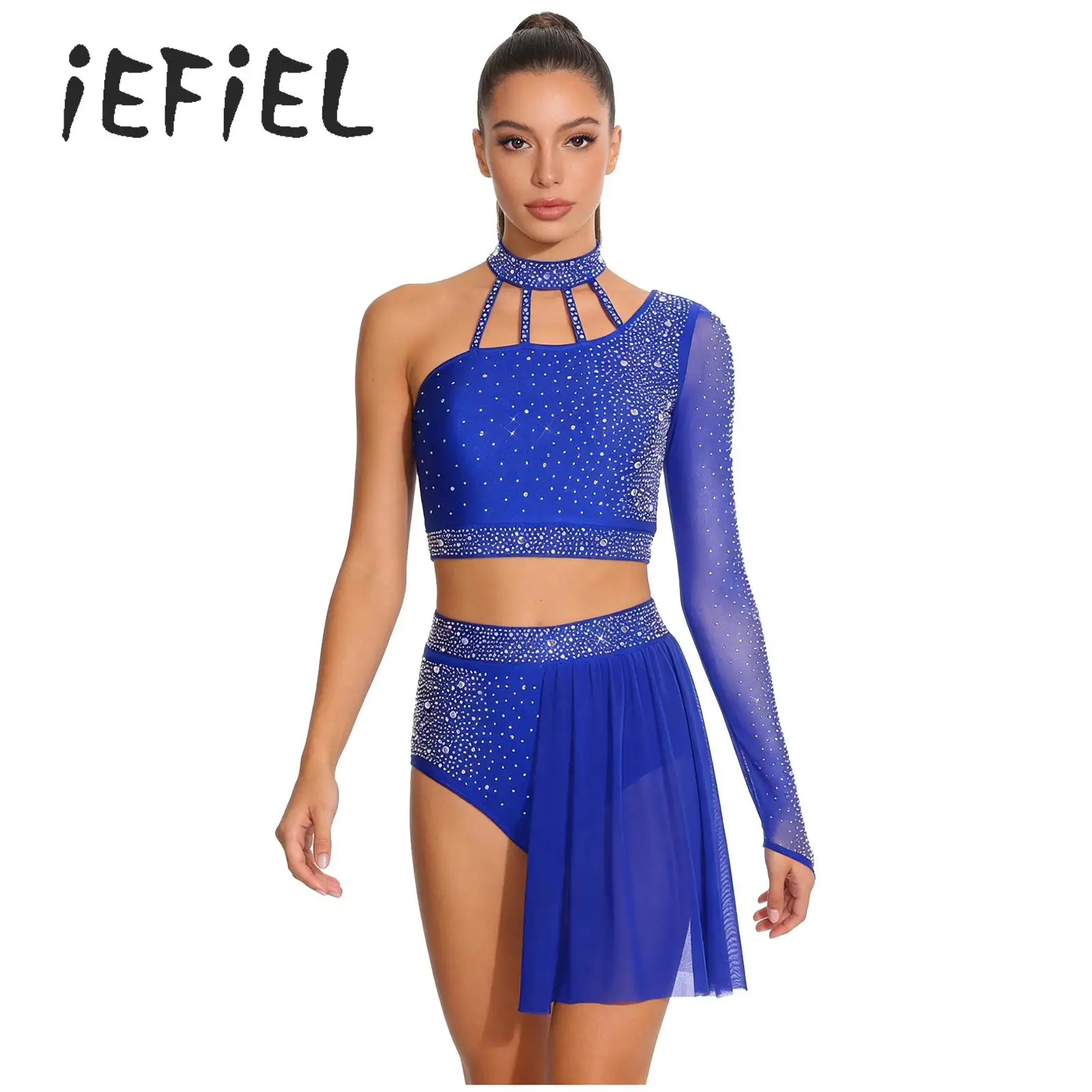 

Asymmetrical Ballet Gymnastics Leotard Figure Skating Dress for Women Rhinestone One Shoulder Lyrical Dance Performance Costume