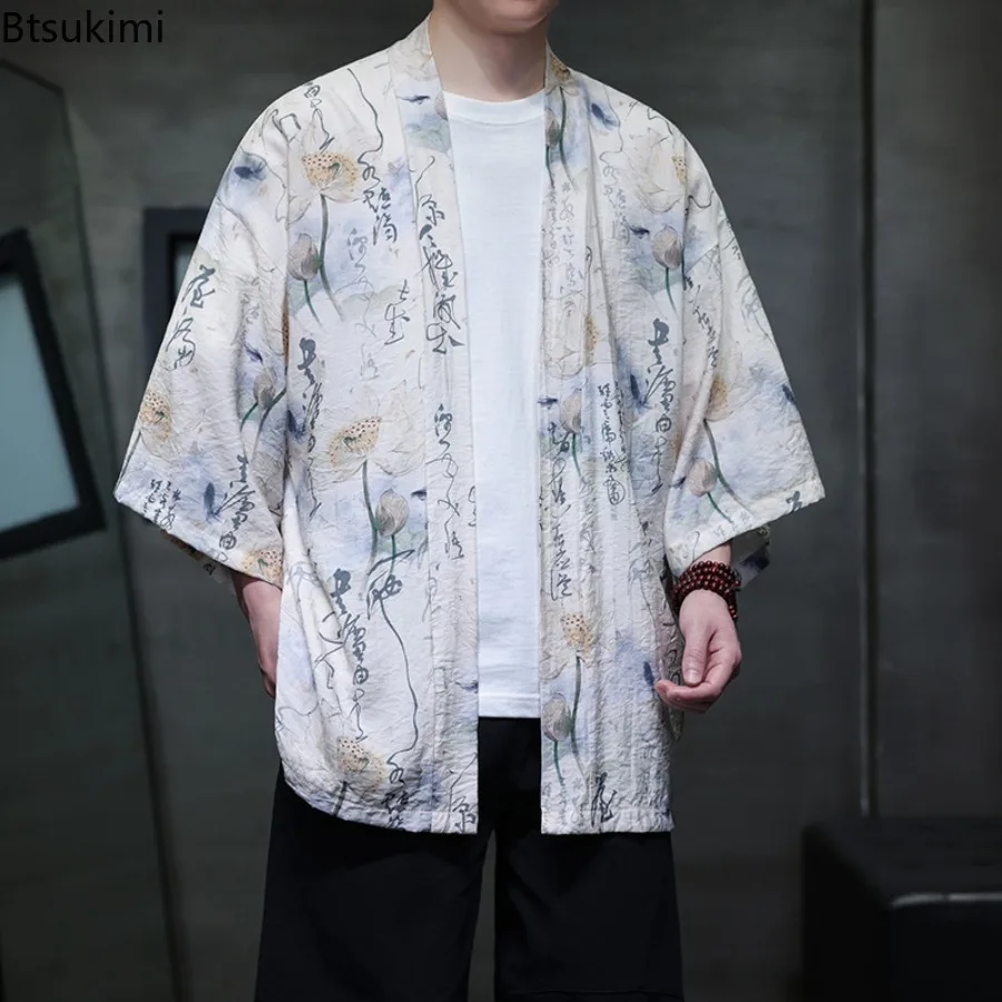 2025 Summer Chinese Style Men's Fashion Ice Silk Cardigan Sunscreen Clothes Harajuku Beach Loose Thin Shirt Coat Plus Size 5XL