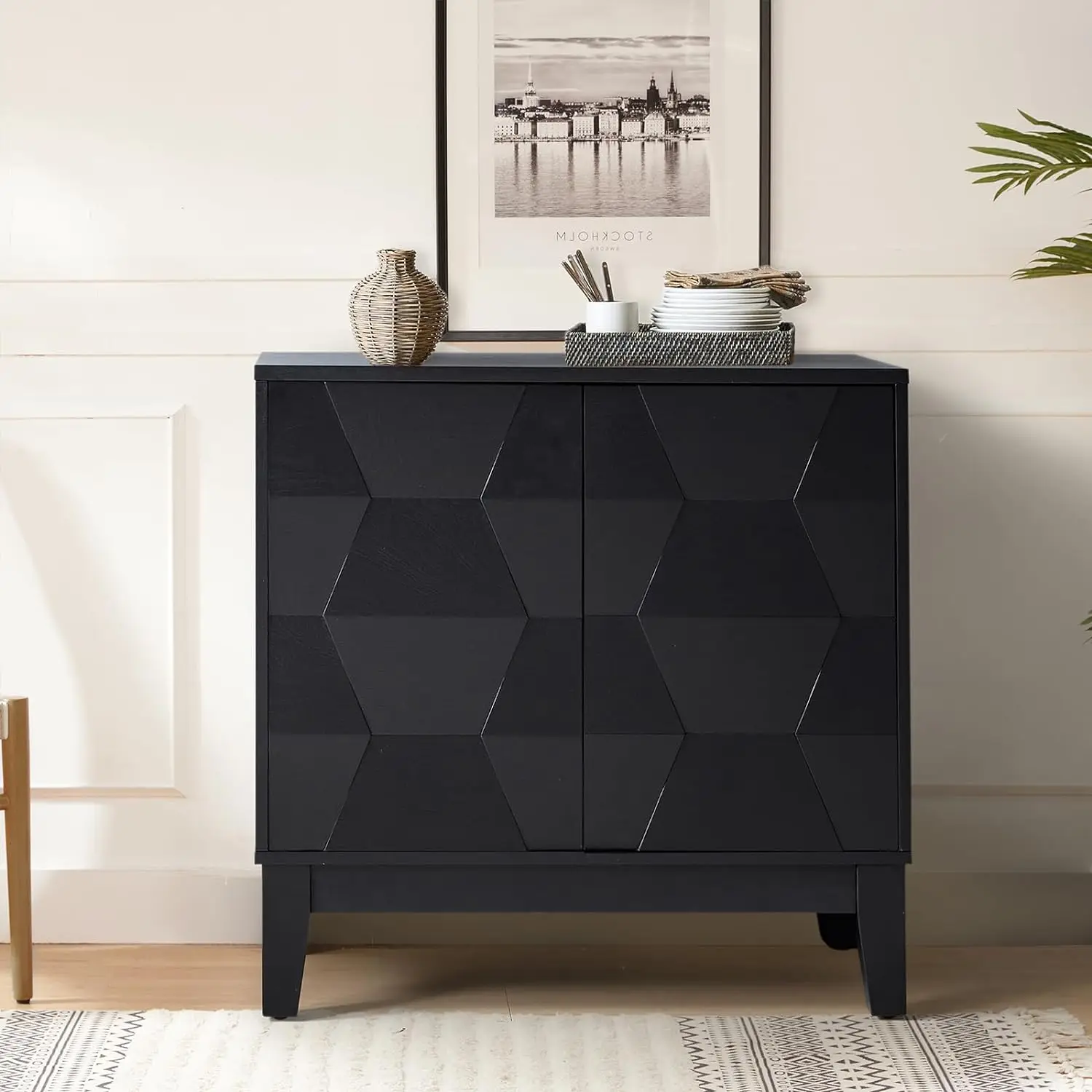 

HULALA HOME Modern Cabinet Kitchen Storage Cabinet with 3D Geometric Design,Free Standing Sideboard Solid Wood Legs