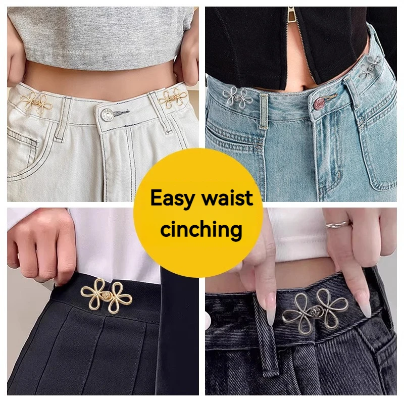 flower Waist Button Fastener Adjustable Metal Jeans Buttons - Tighteners for Loose Denim, Instant No-Sew for Denim Trousers