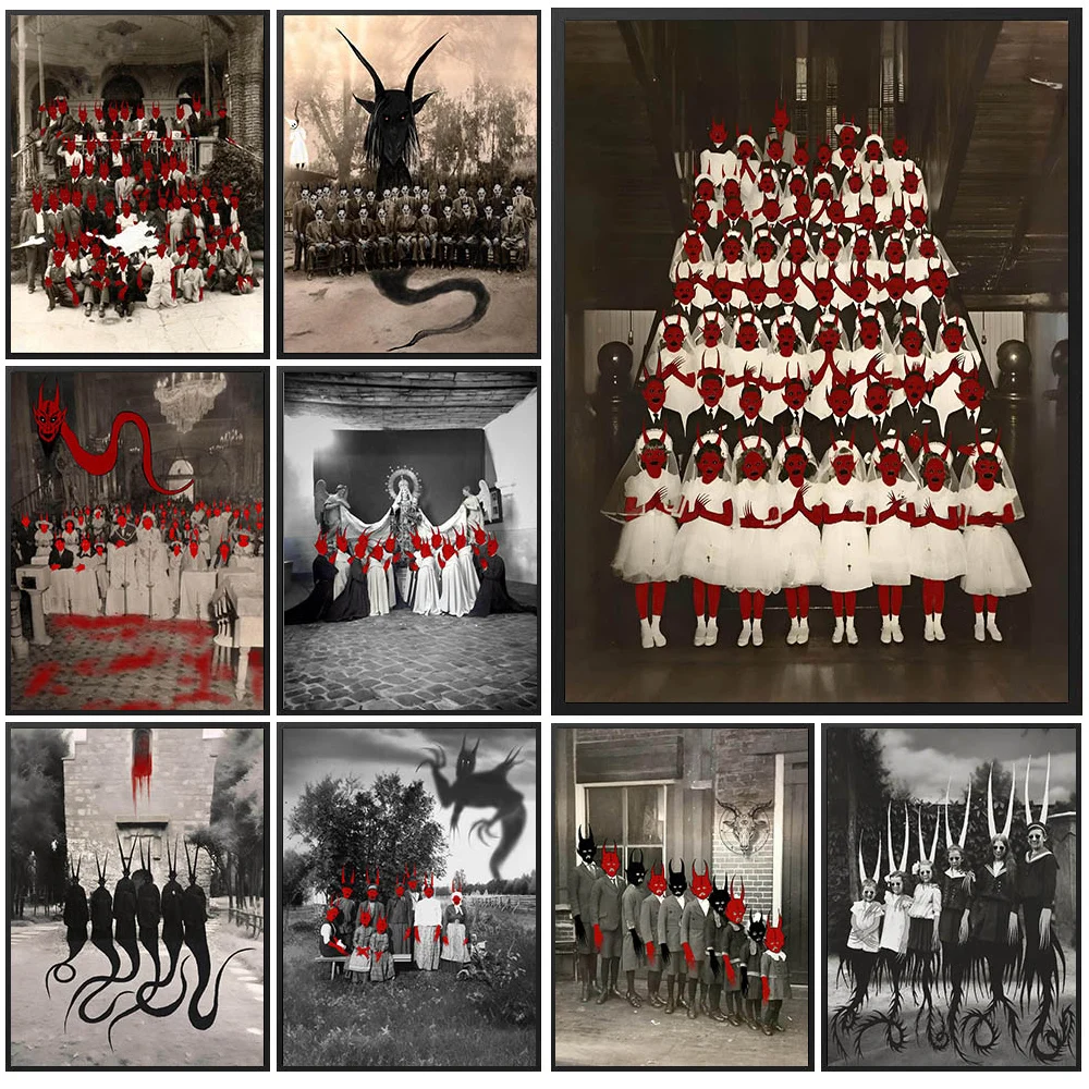 

Surreal Dark Horror Canvas Painting,Occult Demon & Vintage Photo Wall Art,Creepy Retro Poster,Unique Gift For Dark Art & Occult
