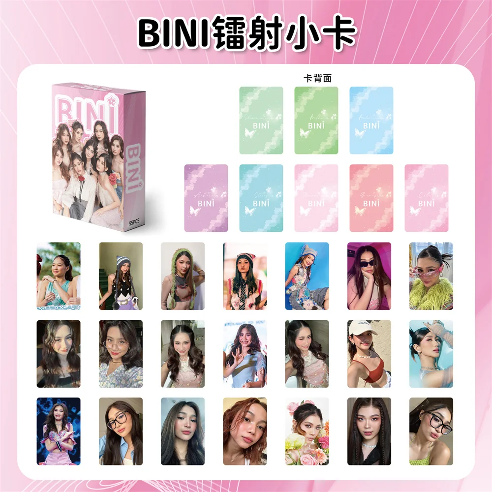 

55pcs/Set Kpop BINI Laser Boxed Card Korean Style LOMO Card High Quality HD Photo Double Sides Printing Card Fans Collection