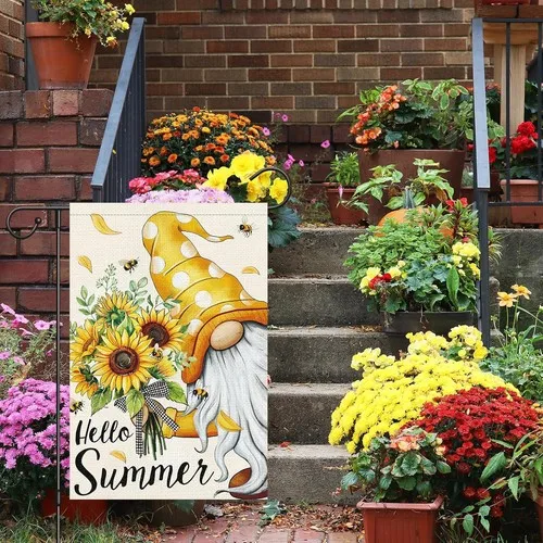 Welcome Spring Summer Gnome Garden Flag Double Sided, Burlap Small, 12x18 XXQ