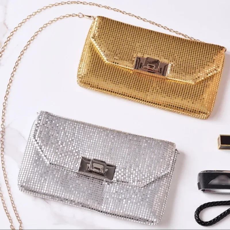 Women Gold Evening Clutch Bag Luxury Shining Sequins Aluminum Foil Party Wedding Purse Fashion Handbag Black Evening Wallet