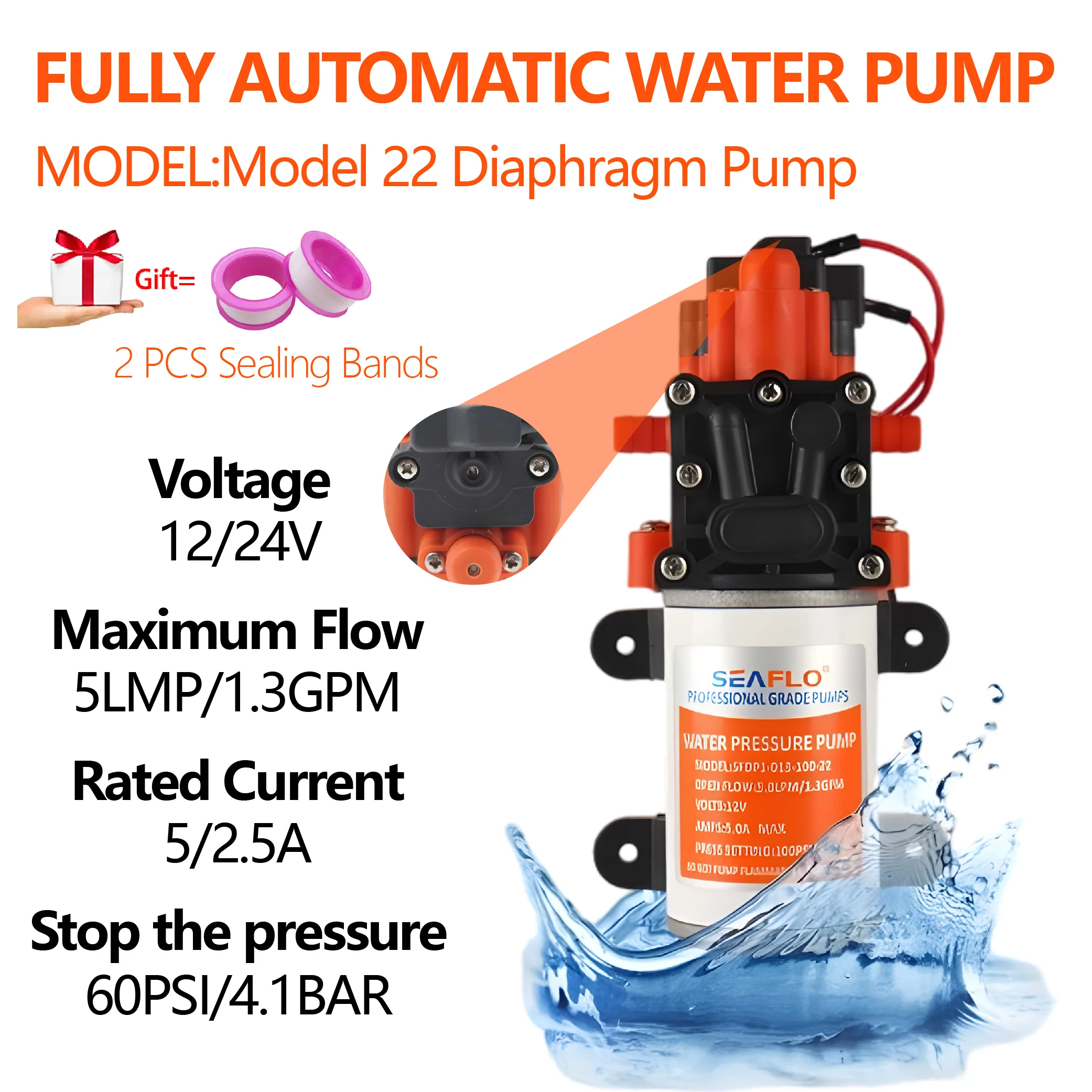 

High-pressure High-flow Diaphragm Pump DC12/24V 5LMP 1.2M Suction Height Fully Automatic Spray Electric Small Self-priming Pump