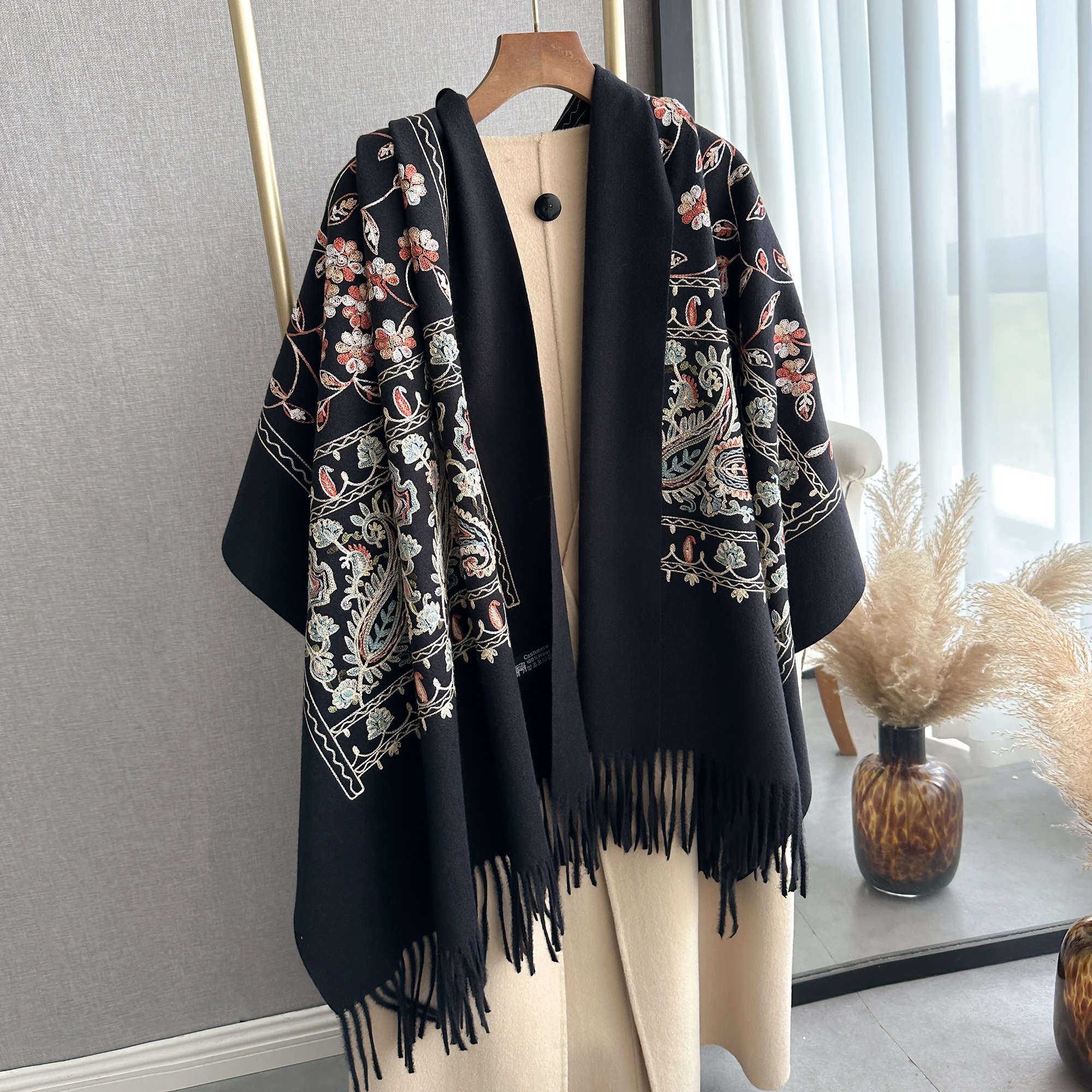 NEW Brand Embroidery Cashmere Scarf Elegant Women Winter Thick Warm Neck Pashmina Floral  Fringe Scarves Lady Blanket Soft Shawl