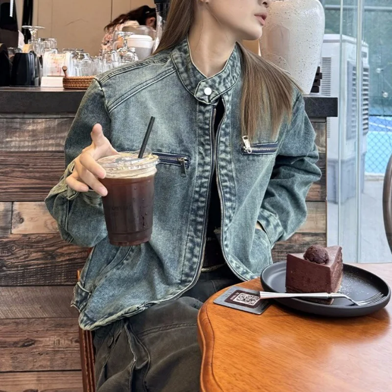 YJKDYK Vintage Women's Zipper Design Denim Stand Collar Short Jacket Female Autumn Winter Retro Motorcycle Jeans Jackets Coats