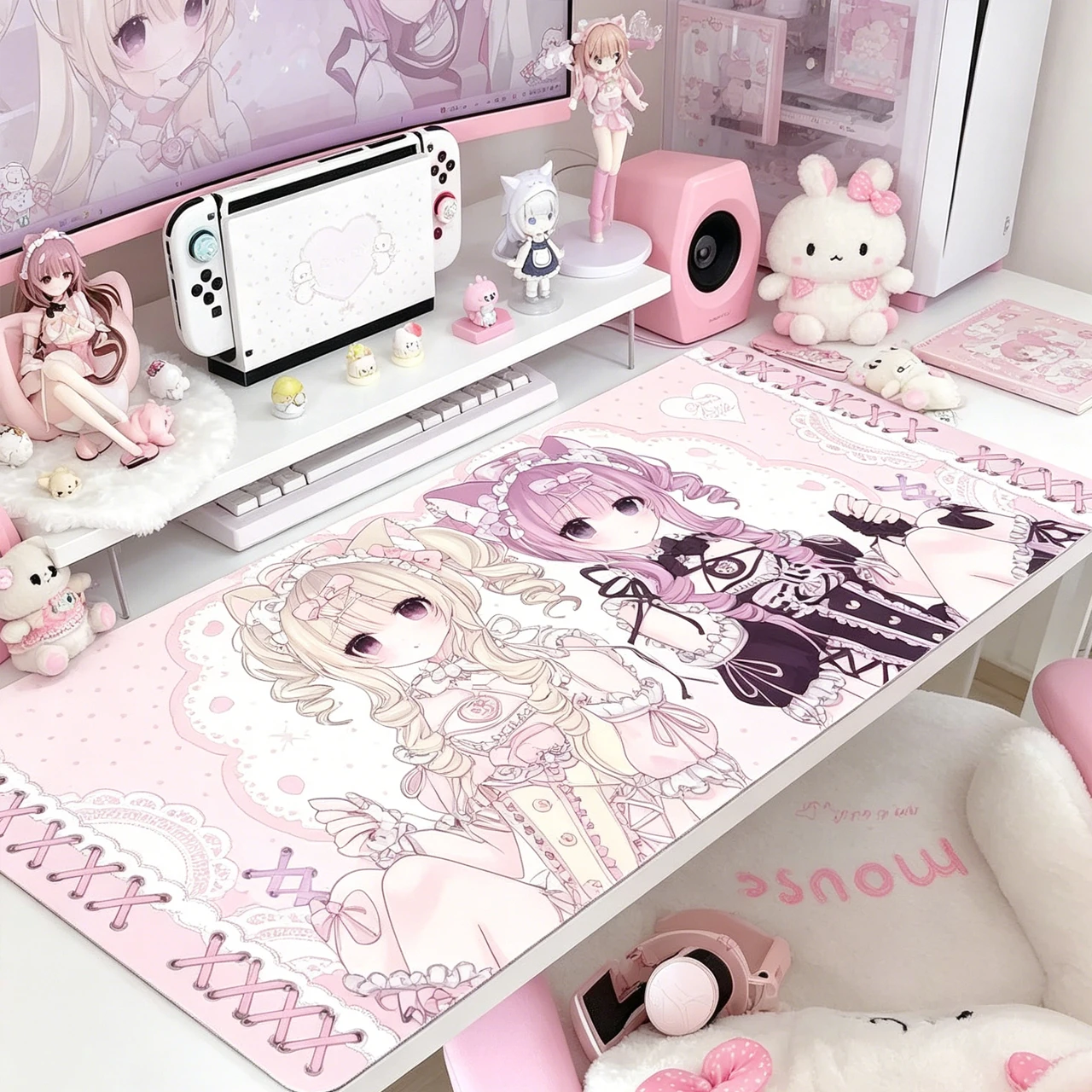 Sweet Berry Cat Leather Mouse Pad Extra Large 40X90 Anime Beautiful Girl Cute Desk Mat Pink Mousepad Game Computer Keyboard Pads