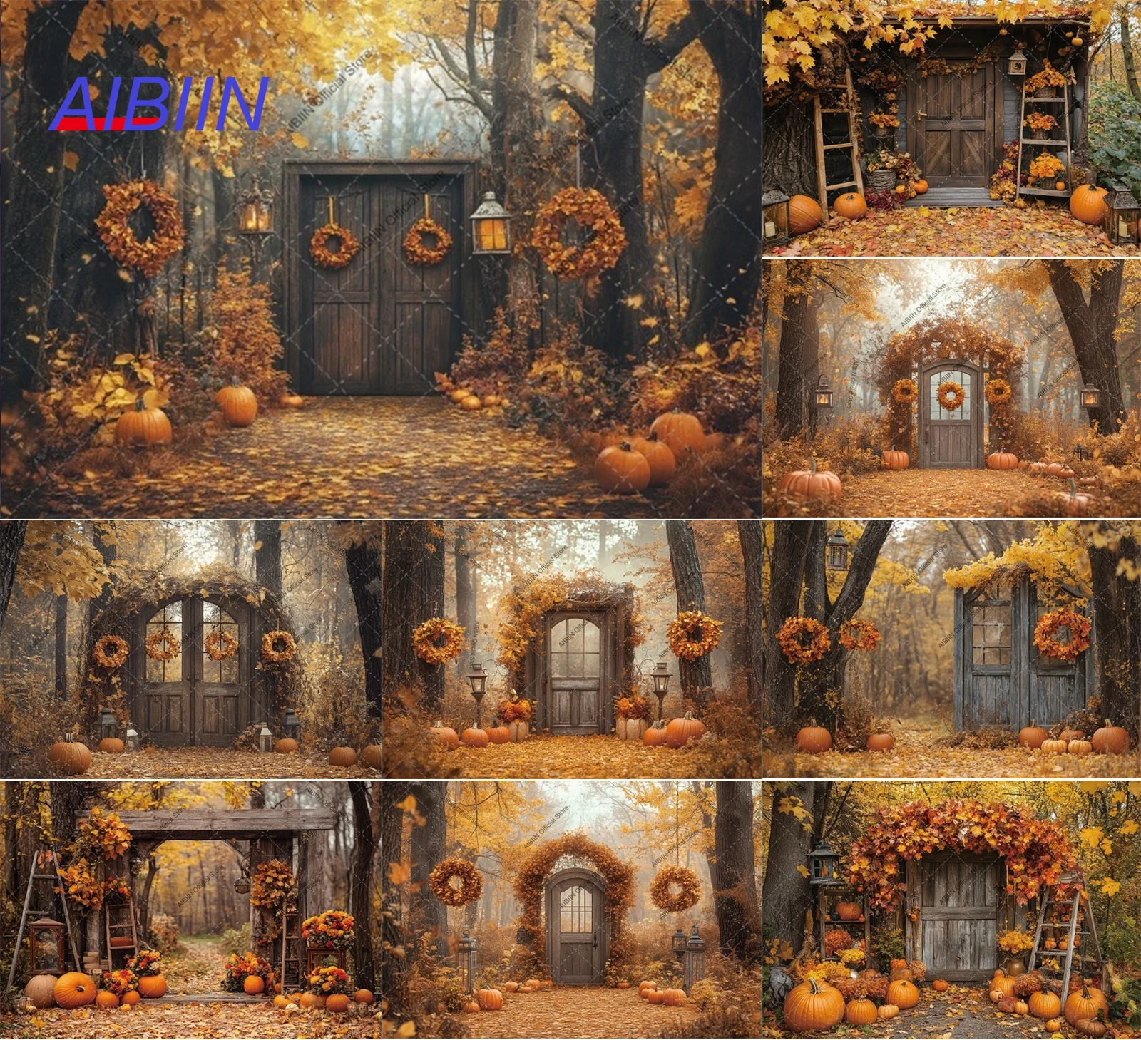 

Осенний фон для фотосъемки в деревенском стиле, деревянная дверь, кольцо с тыквой и цветочным рисунком, детский семейный портретный декор, реквизит для фотостудии