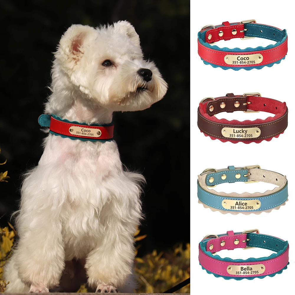 Custom Dog Collar Personalized Leather Pet ID Collars Soft Padded Dog Necklace Collars Adjustable for Small Medium Dogs Bulldog