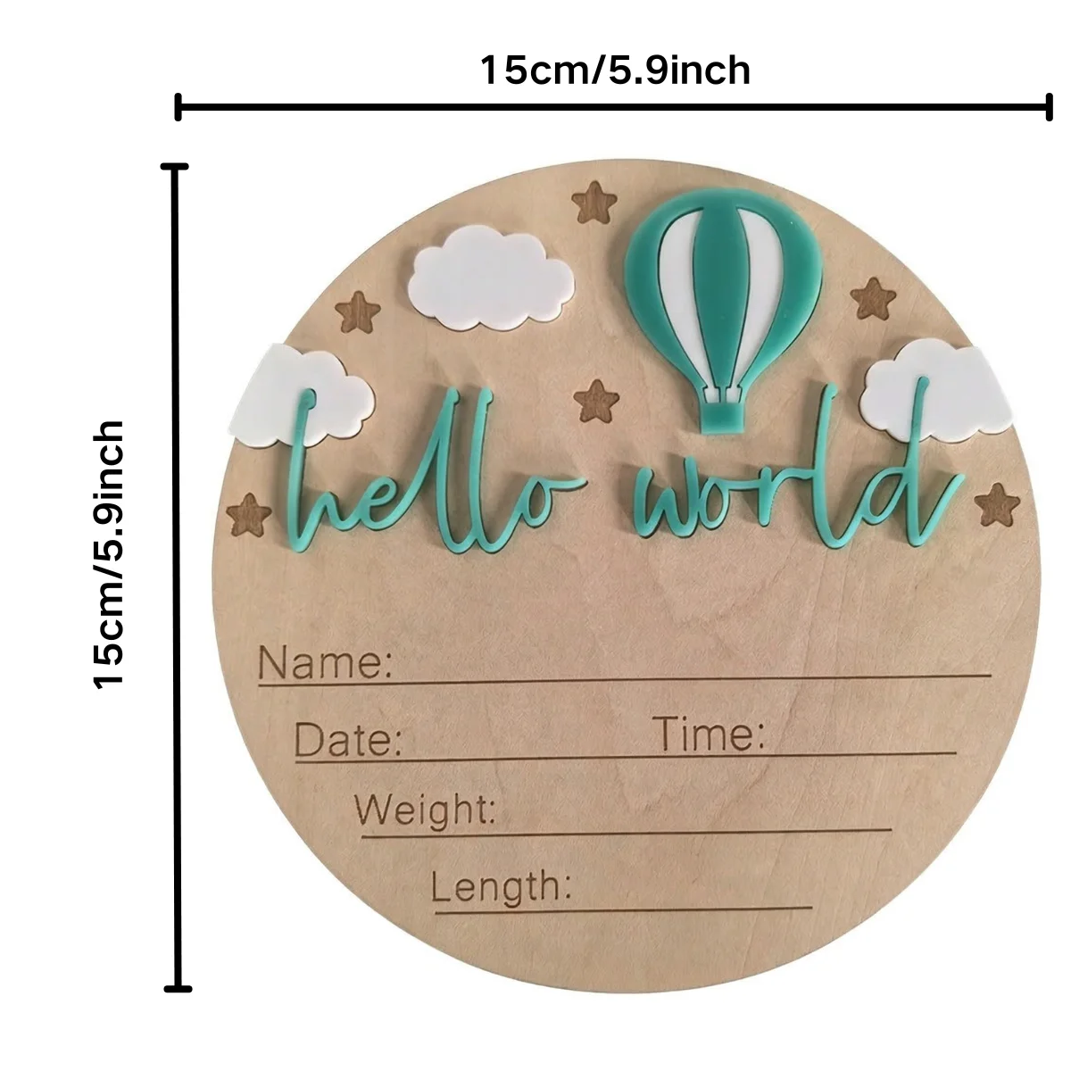15cm Runde 3D Naturholz-Plakette mit Erhöhter Acryl-Beschriftung 'Hello World' zur Geburtsanzeige, Foto-Requisite – Detail 5