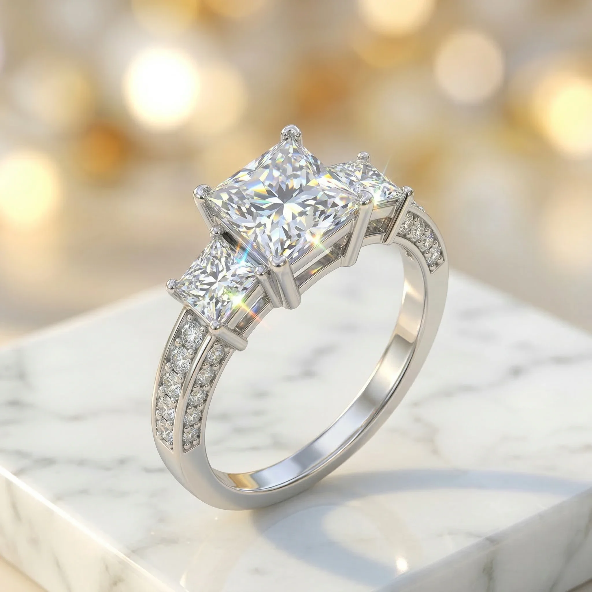 

3CT Princess Cut Three Stone Moissanite Engagement Ring S925 Sterling Silver D Color VVS1 Pave Setting Wedding Band Bridal Jewel