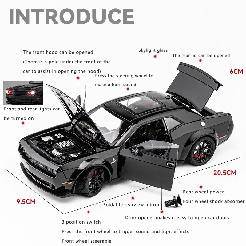 1:24 Srt Hellcat Alloy Car Model Simulation Sound And Light Pull Back Toy Car Metal Sports Car Boys Collection Ornaments Gift