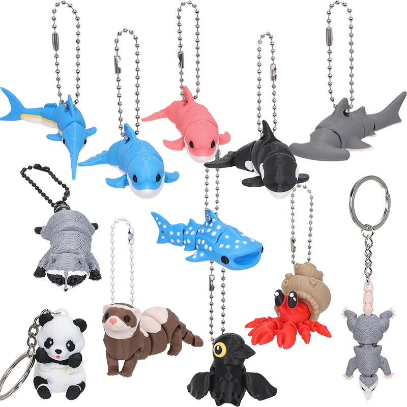 3D Printed Animal figure Keychain Opossum Shark Dolphin Hermit Crab Ferret Raccoon Angler Fish Panda Phone Pendant Phone Decor