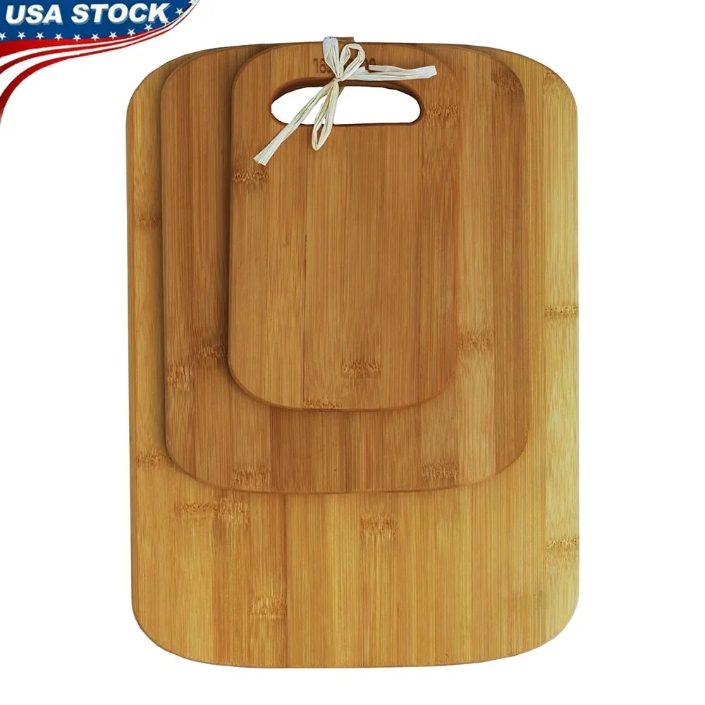 

3 Piece Eco-Friendly Bamboo Cutting Board Set Lightweight Versatile Sizes Hand Grips Finger Grooves Kitchen Prep Board