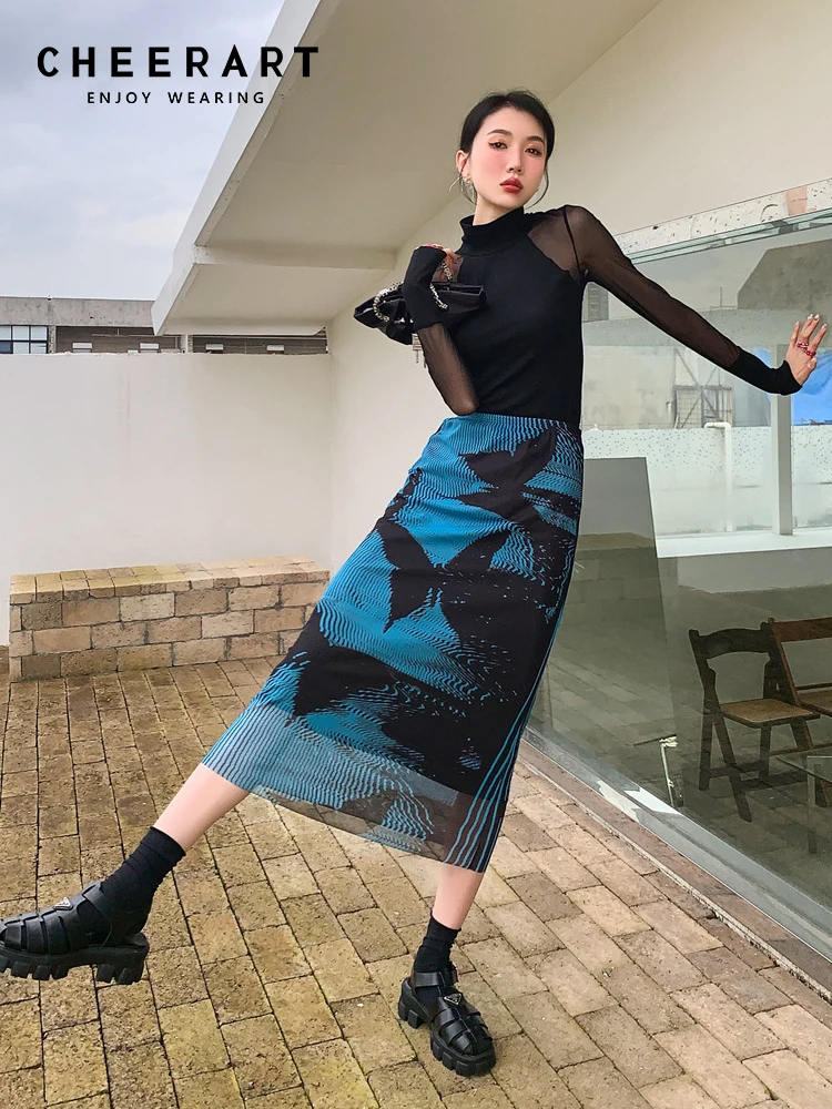 

CHEERART Butterfly Blue High Fashion Mesh Skirts For Women 2022 Summer High Waisted A Line Long Midi Skirt Designer Bottoms