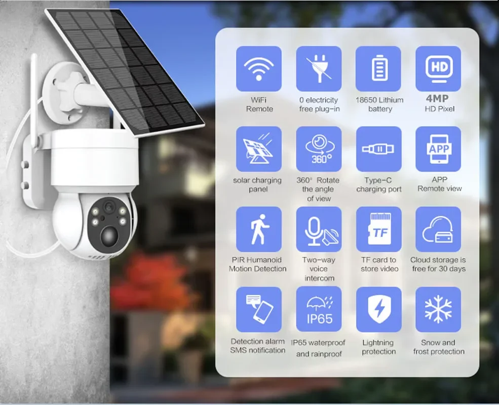 Kamera PTZ WiFi Zewnętrzna bezprzewodowa kamera IP na energię słoneczną 4MP HD Wbudowana bateria Kamera do monitoringu wideo Długi czas czuwania iCsee APP