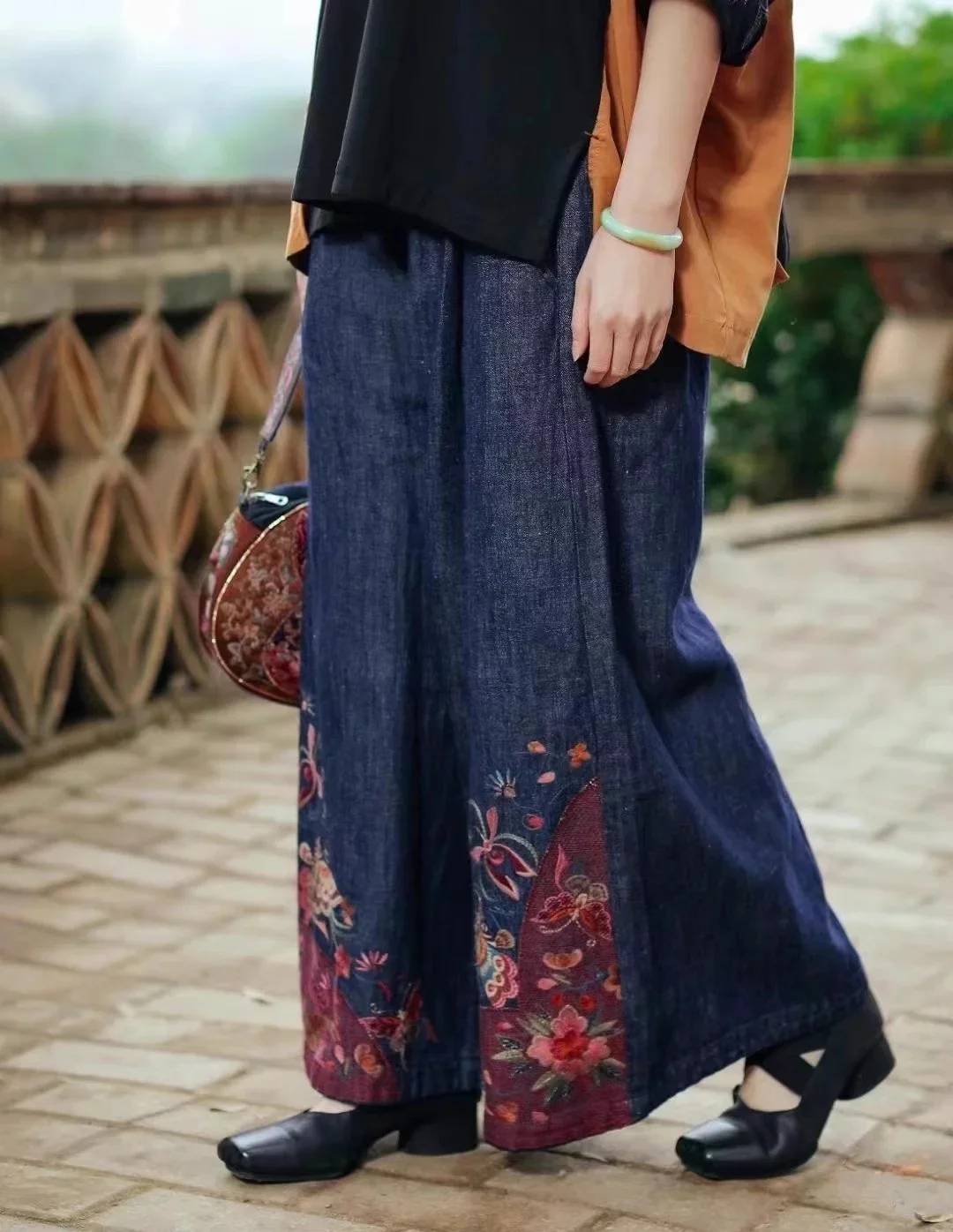 Vintage Women's jeans national style embroidery Wide-legged pants elastic waist Denim hemp casual loose woman clothes
