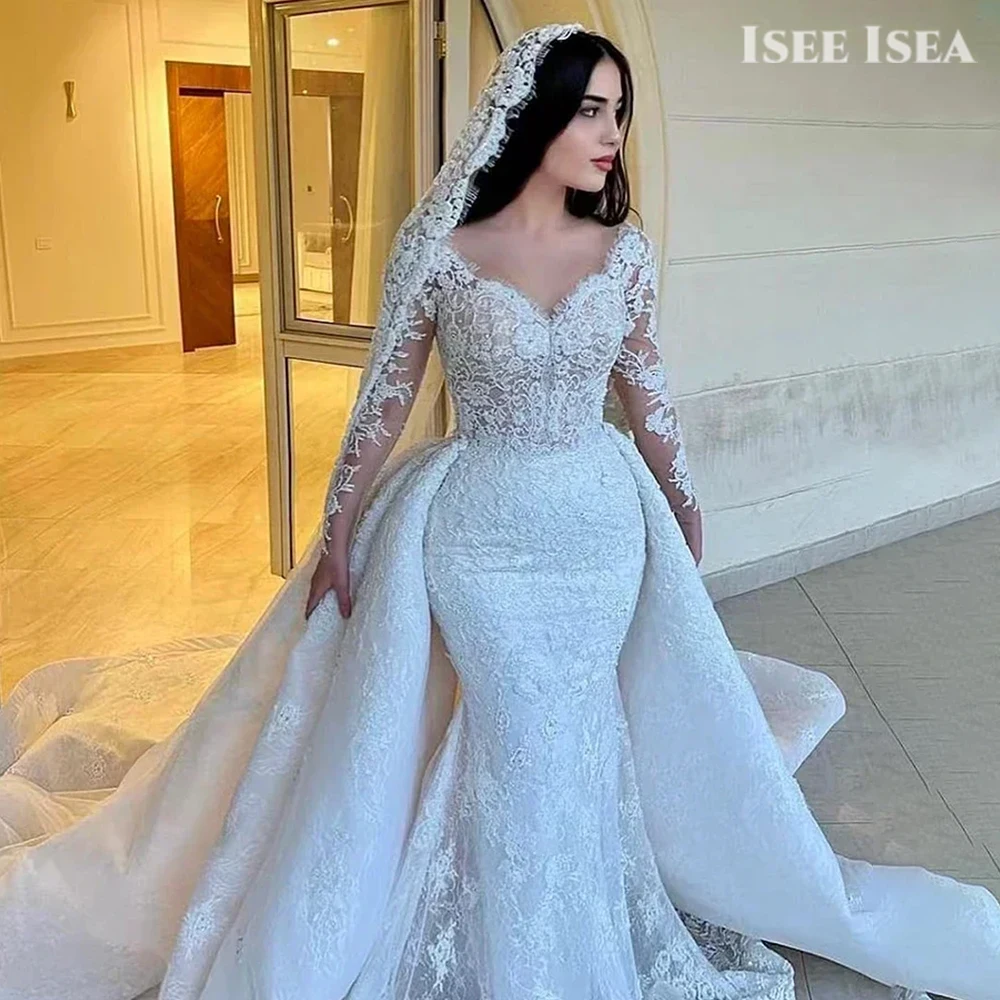 

Mermaid Lace Wedding Dresses Woman Train Illusion Long Sleeves Pearls Mermaid Bridal Gown 2026 Customized Vestidos De Noiva