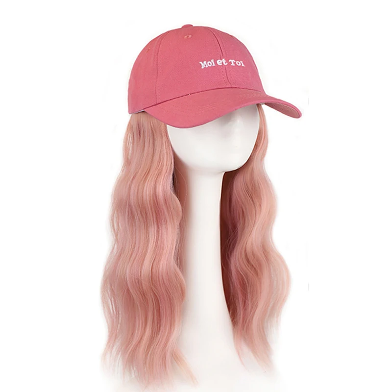 Pink Baseball Cap Seamless Connection Hair Extensions Synthetic 18inch Fluffy Long Wave Wig Hats for Women Adjustable Cap Wigs