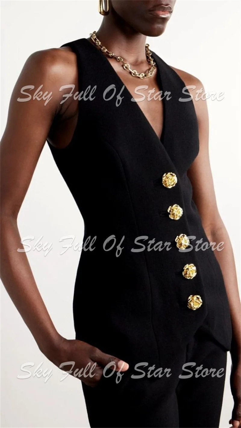 Black Women Suit Set 3 Pcs Satin Lapel Blazer Gold Rose Button Vest+Cropped Straight Pants Custom Formal Evening Party Lady Coat view 3