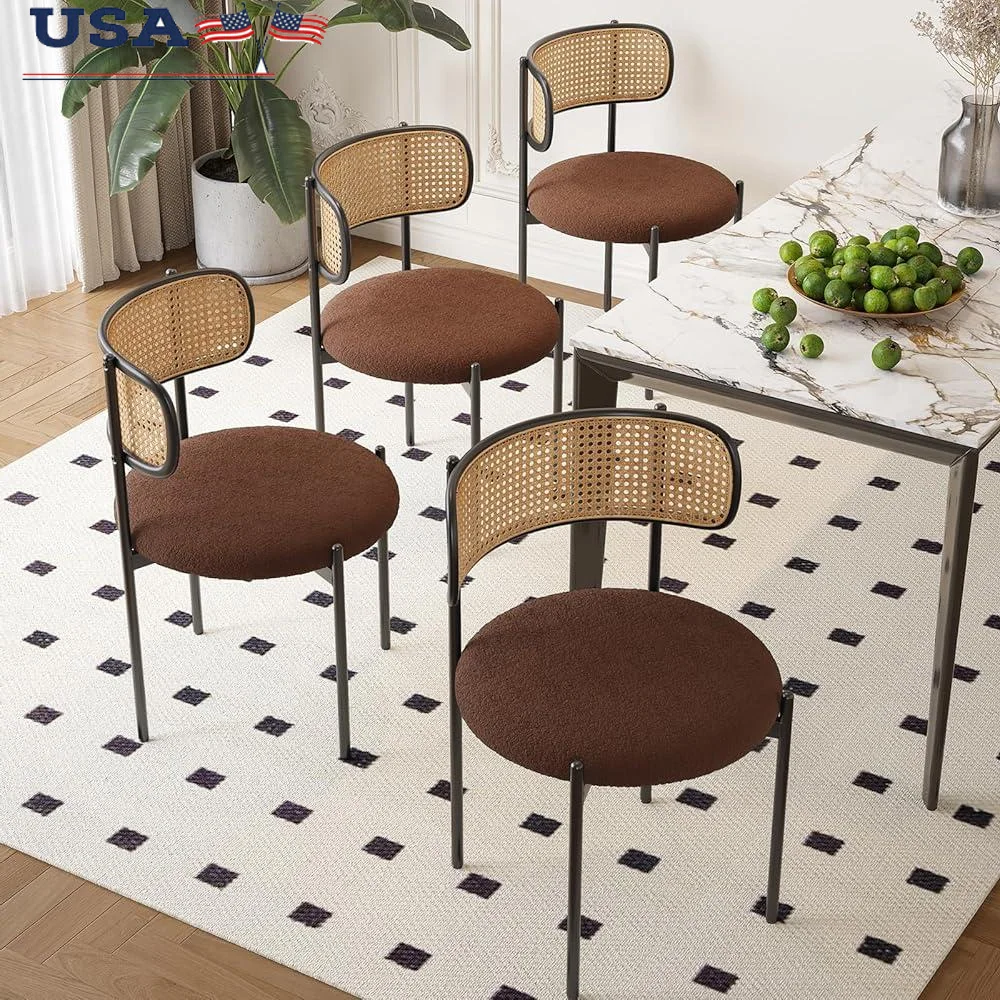 Set of 4 Mid Century Dining Chairs Rattan Backrest Thick Cushion Durable Metal Legs Indoor Outdoor Use