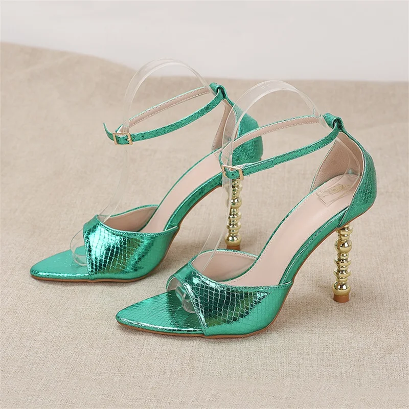 Gold Irregular Heel, Large Size, Green Snake Pattern, Pointed Side Air, Sexy Ultra-High And Slim Heel Sandals For Women