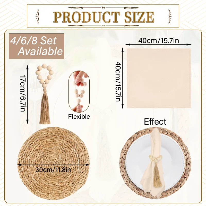 4/6/8 conjuntos boho decorações de mesa de jantar fazenda placemats rústico corredor guardanapos anéis para casa cozinha sala de jantar