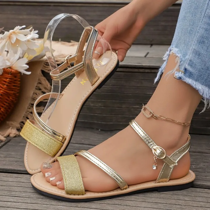 

Womens Sparkly Gold Flat Sandals Ankle Strap Buckle Open Toe Metallic Casual Summer Beach Vacation Dress Shoes Ladies Footwear
