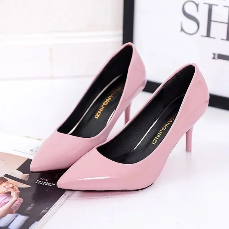 2023Large Size Women's Pumps Pointed Toe Patent Leather High Heels Dress Shoes White Wedding  Thin  Basic Pump Red