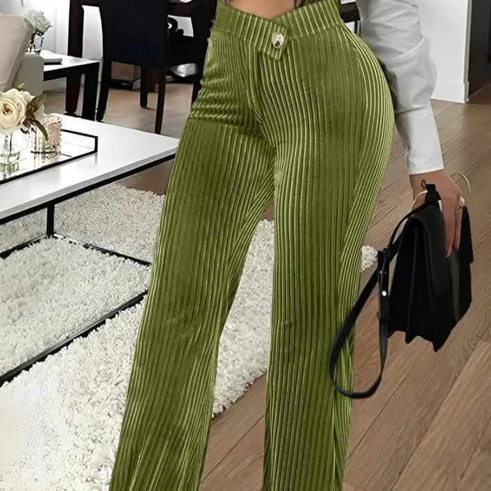 

Women's Pants 2024 Summer Fashion Elegant Overlap Waist Corduroy Work Plain High Waist Long Straight Legs Pants Office Lady