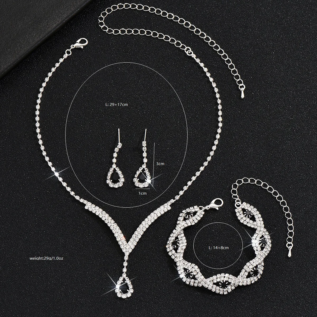 3 Pcs Luxury Rhinestone Bride Jewelry Set for Women Black Water Drop Crystal Earrings Wedding V Necklace Eye Bracelet Fashion-