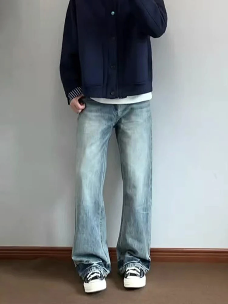 

Light Blue American Retro Flared Straight Leg Jeans Men's High Street Autumn Wide Leg Pants Drapey Loose Fit Casual Trousers